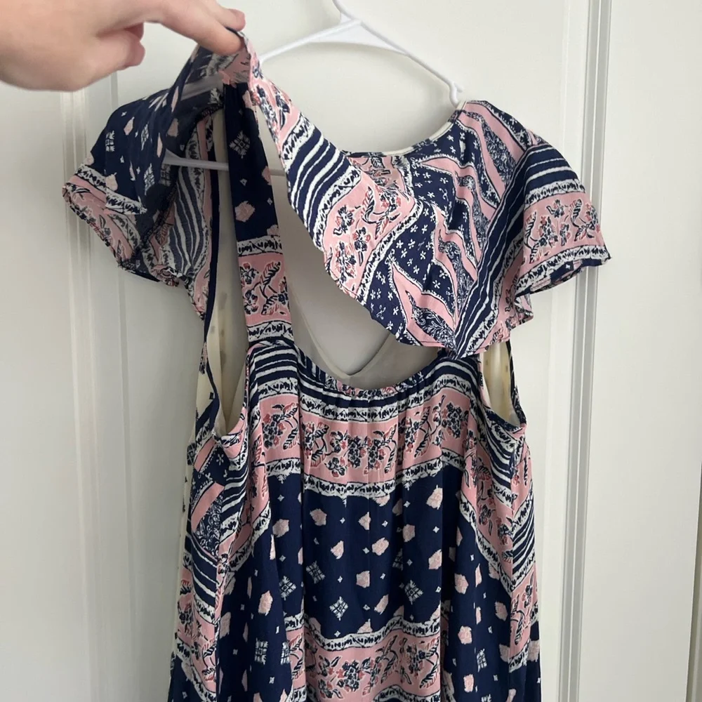 Maeve Anthropologie Boho High Low Maxi Dress | Navy Pink Print | Size Large - Picture 5 of 5